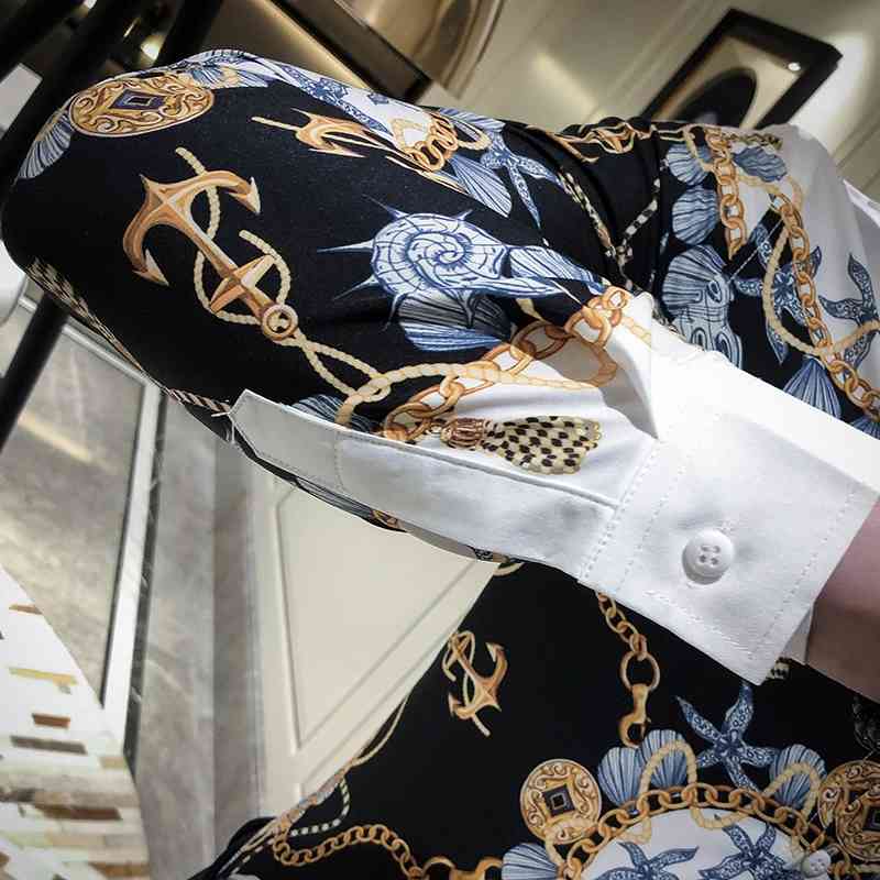 Gold Black Korean Men Clothes Streetwear Fashion Print Men Casual Shirt Slim Fit Men Shirt Dress Party Tuxedo Camiseta Masculina 210714
