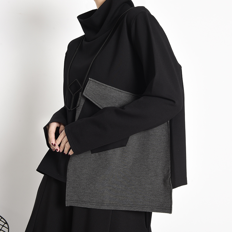 [EAM] Loose Fit Pocket Black Gray Sweatshirt New Turtleneck Long Sleeve Women Big Size Fashion Tide Spring Autumn LJ201130