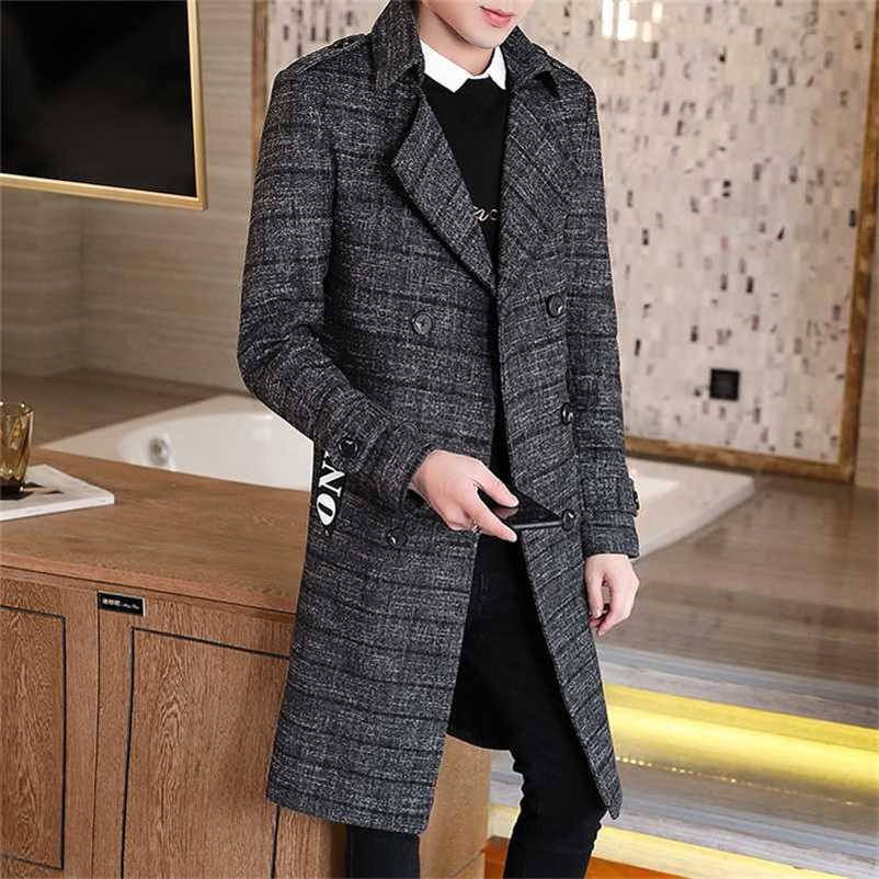 Winter Woolen Coat Jackets Men Casual Slim Long Mens Wool Trench Coat Double-breasted British Style Plaid Outwear Windbreaker