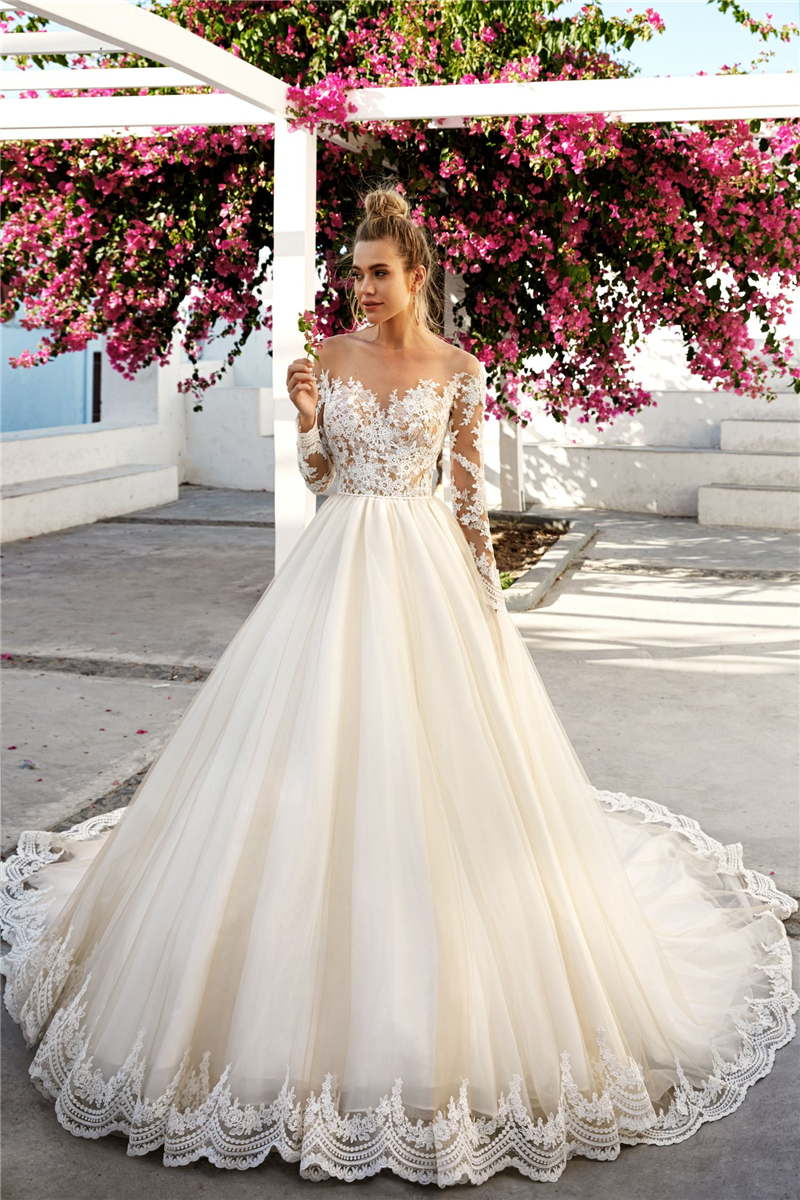 Romantic A Line Wedding Dresses Bridal Gowns With Long Sleeves Sheer Neck Lace Appliques Light Champagne Tulle Bride Dress Illusion Back Buttons 2022 