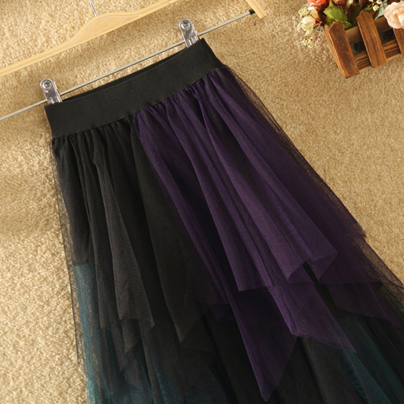 TIGENA Long Tutu Tulle Skirt Women Fashion Summer Korean Irregular Contrast Color High Waist Pleated Maxi Skirt Female 210309