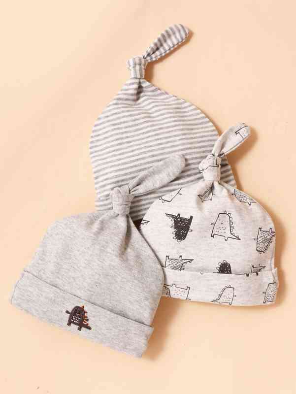 3pcs Baby Striped Print Embroidery Detail Hat SHE
