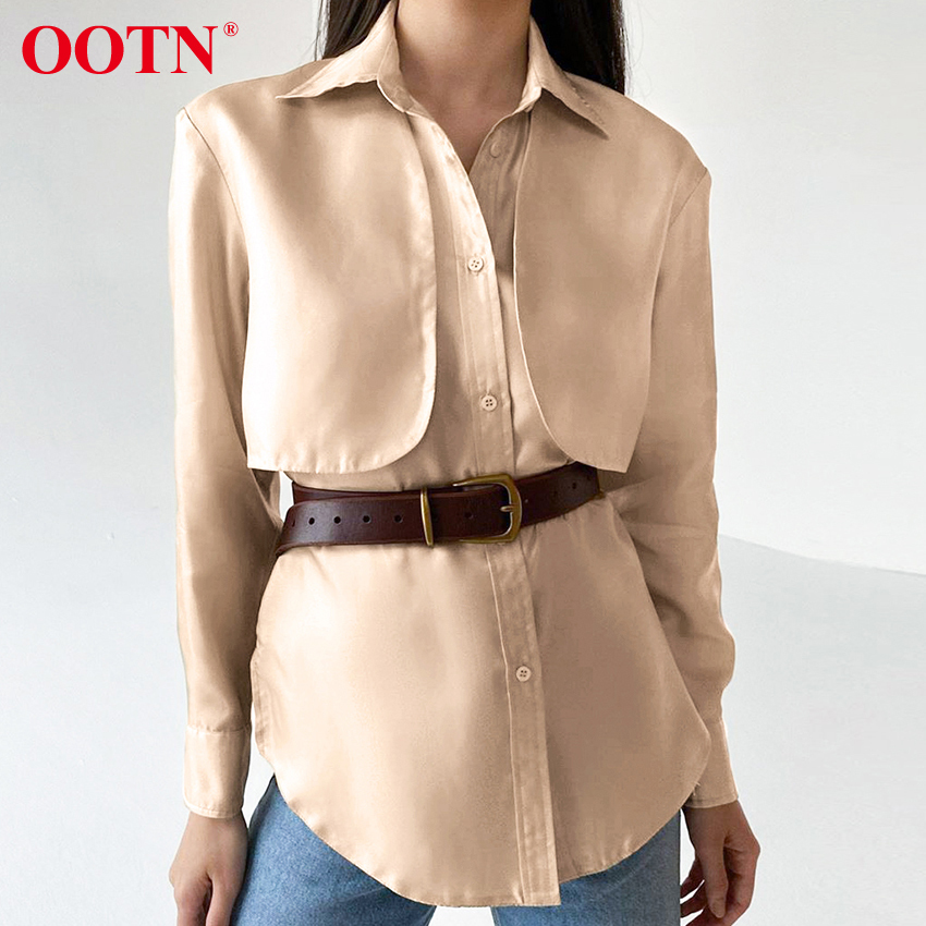 OOTN Casual Turn Down Collar Office Ladies Satin Shirt Female Blouse Button Elegant Womens Tops And Blouses Autumn Fashion 210225