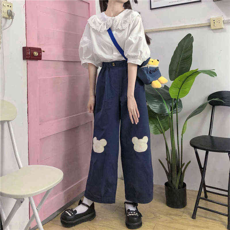 Japanese Kawaii Women Soft Girl Pants Korean Teen Girls Loose Thin Cartoon Bear Embroidery Wild Casual Female Cute 211115