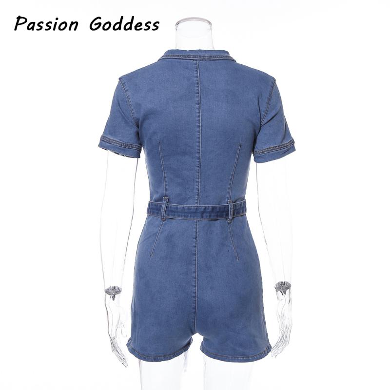 Women Zipper Denim Playsuits Jumpsuits Shorts Turn Down Collar Outfits Sashes Pocket Jeans Overalls Combishort Macacao Rompers