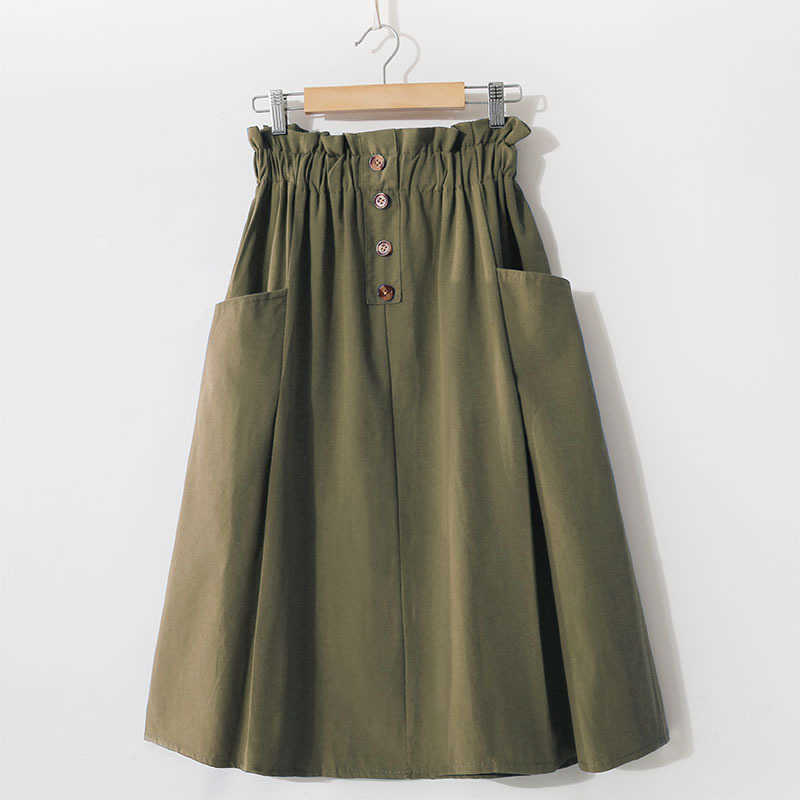 Spring Summer High-waist Cotton Yellow Skirts Double-pocket Button Knee-length Autumn Black Jupe Femme 210621