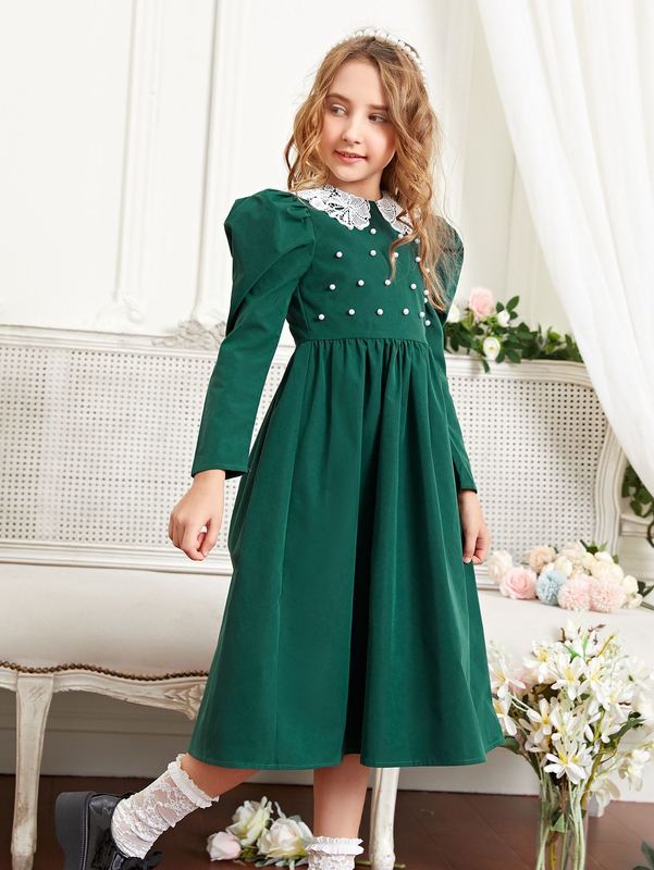 Girls Gigot Sleeve Pearl Beaded Guipure Lace Detail Dress SHE