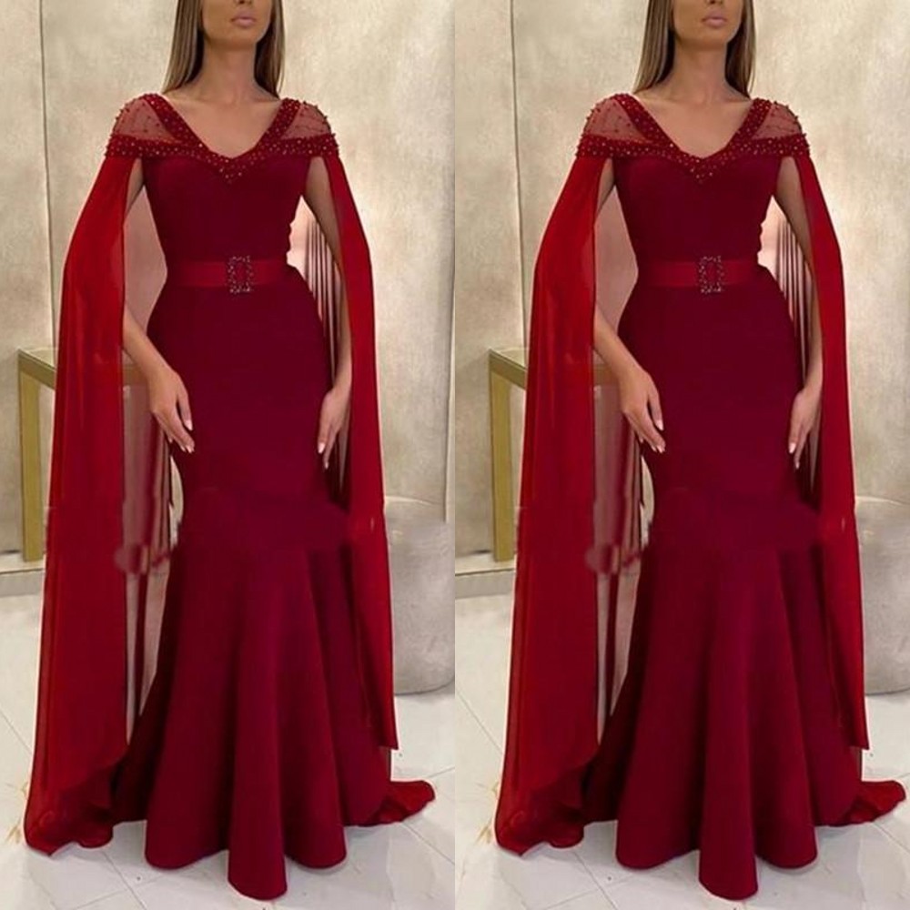 2021 Arabic Sexy Burgundy Prom Dresses V Neck Cap Sleeves Crystal Beads Mermaid With Cape Satin Black Girls Party Evening Gowns Floor Length Sashes