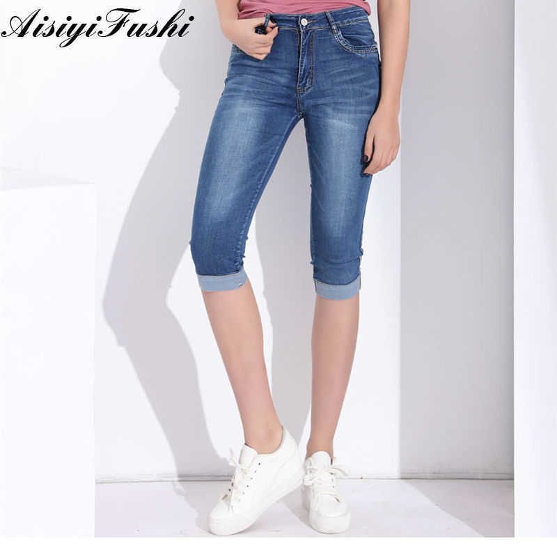 Woman's Jeans Black Denim Pants Ladies Cropped Trousers Skinny Knee Length Women Elastic High Waist Mom Plus Size 210809