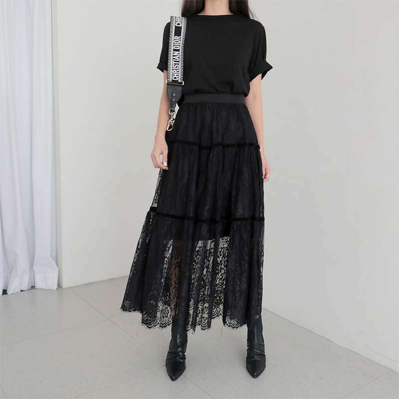 CHEERART Lace Black Midi Ladies Women High Korean Elastic Waist Long Skirt Clothes 210306