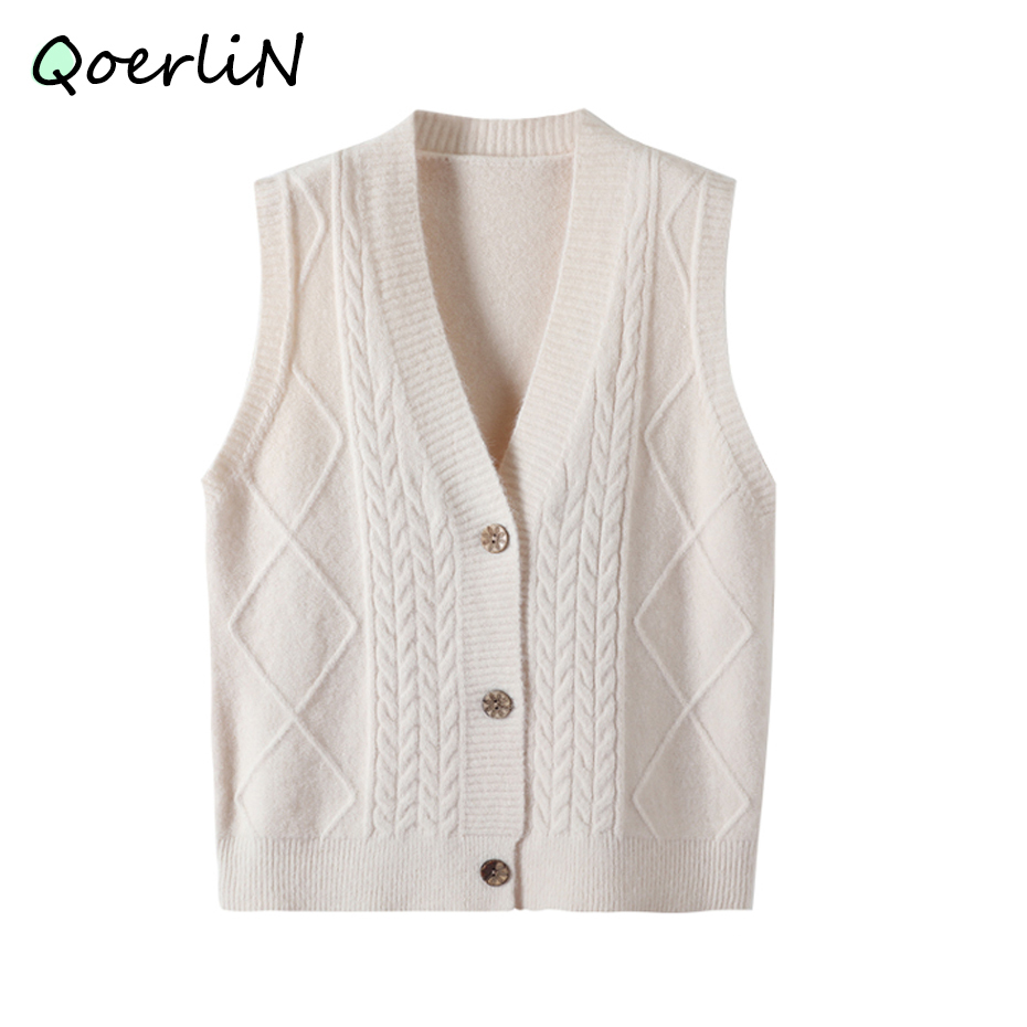 QOERLIN Preppy Single Breasted Knit Vest Spring Autumn Sleeveless Sweater Vest Women Knitted Crop Tops Casual Waistcoat Outwear 210218