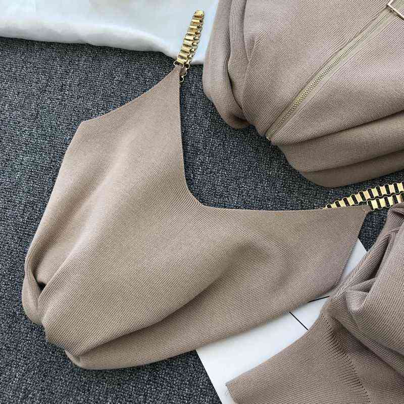 Women Zipper Knitted Cardigans Sweaters + Pants Sets + Vest Woman Fashion Jumpers Trousers 2 PCS Costumes Outfit 211117