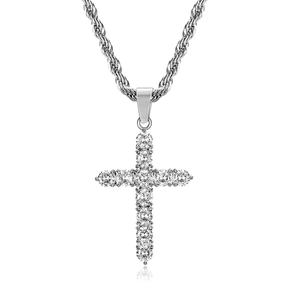 Hip Hop Stainless Steel Charm Cross Pendant Necklace Bling White Zircon 18K Gold Plated Religious Jewelry Men Women Gift