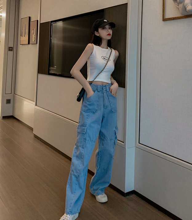 Woherb Vintage Wide Leg Woman Jeans High Waisted Jeans Blue Casual Long Trousers Korean Streetwear Pockets Denim Pants 25636 210222