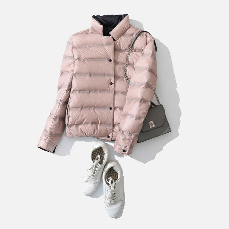 Women 90% Down Jacket Double Sided Stand Collar Female Coat Solid Single Breasted Winter Fashion Casual Lady Short Jackets 211013