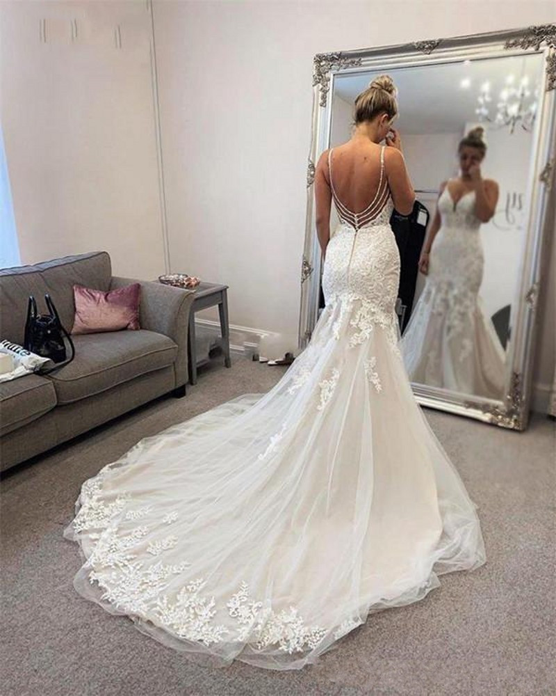 Sexy Spaghetti Straps Mermaid Wedding Dresses 2021 Lace Appliques Backless Sweep Train Modern Vestido De Novia Plus Bridal Gowns Custom Made