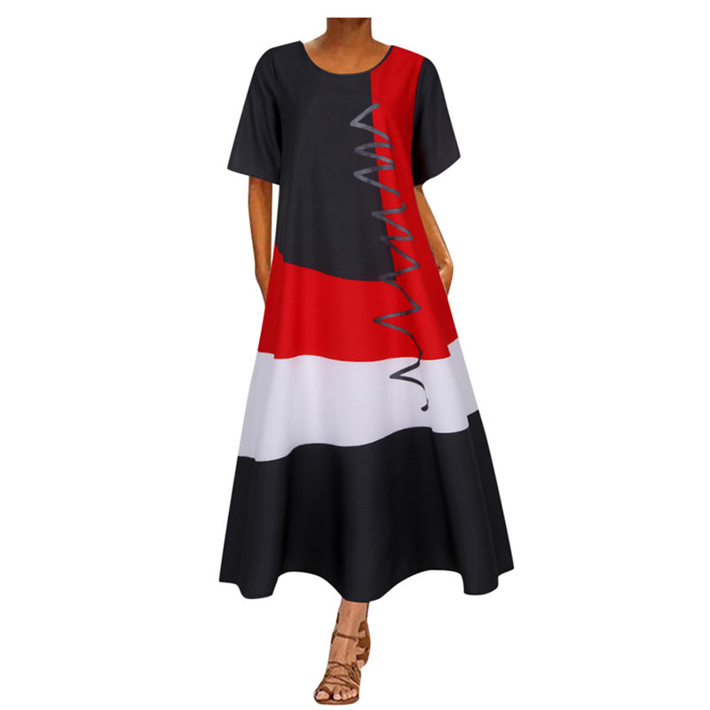 Long Summer Dresses for Women Casual Plus Size Daily Short Sleeve Vintage Patchwork Bohemian O Neck Maxi Dress 210303