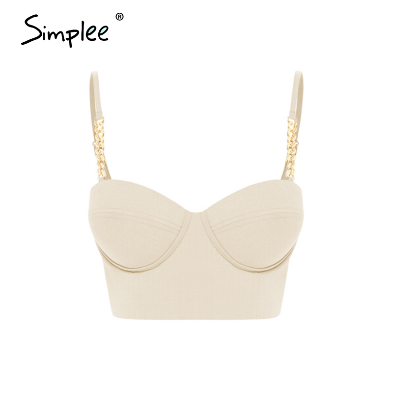 Simplee Sexy club chain sling tops Chic solid color sleeveless crop tops Low Chest Off Shoulder Short Tank tops 2021 210308