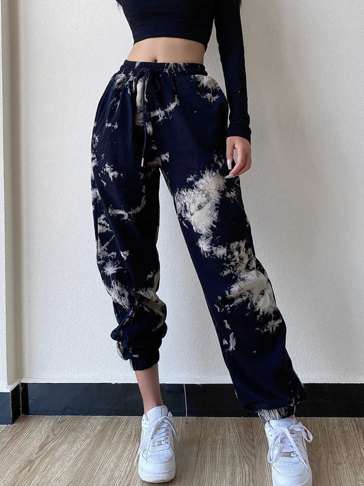 WOMENGAGA American Street Tie Dye Sports Pant's Drawstring Elastic High Waist Straight Casual Trousers SIKG 210603