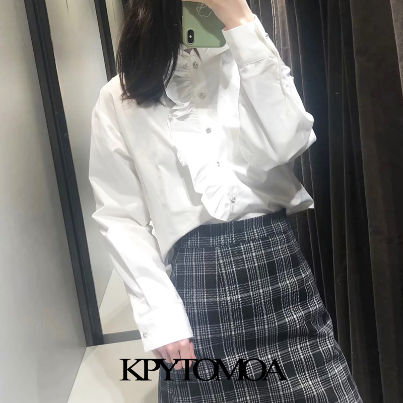 Vintage Sweet Jewelled Buttons Ruffles Blouses Women Fashion High Collar Long Sleeve Female Shirts Blusas Chic Tops 210225