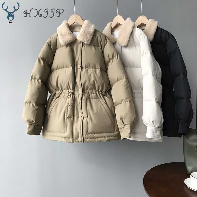 Winter Korean Down Cotton Bread Coat Thick Outerwear Women's Drawstring Waist Faux Rabbit Fur Lapel Warm Jackets Female 210819