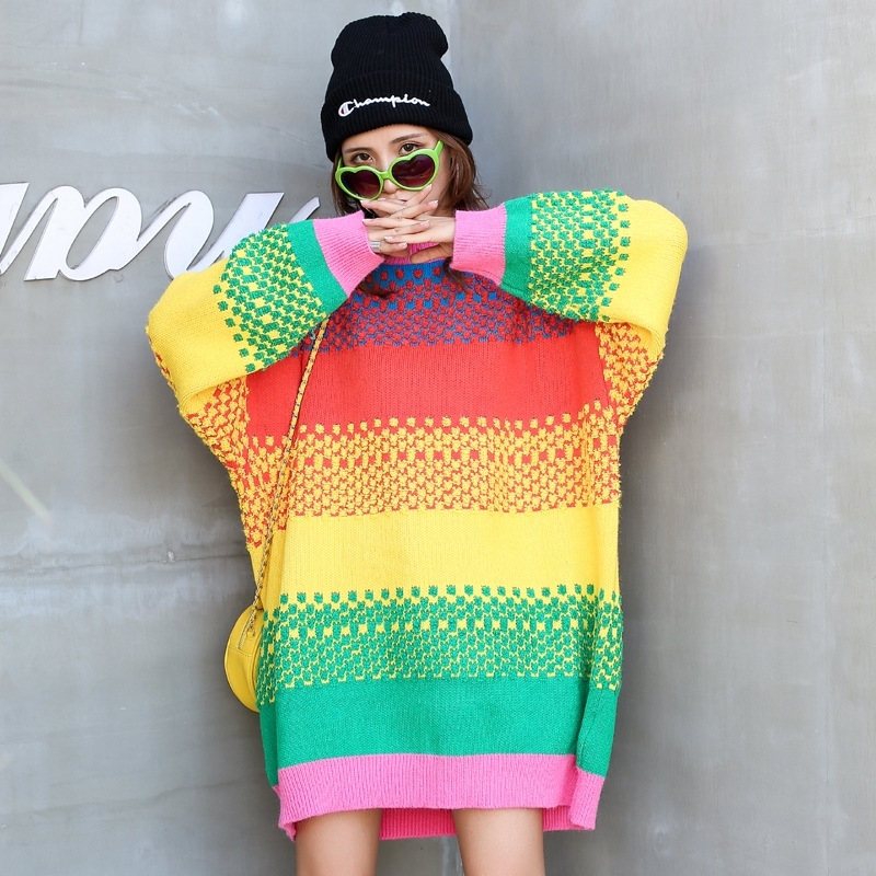 H.SA pull femme nouveaute Women Warm Rainbow Sweater and Pullovers Coloful Striped Knitwear Long Oversized Pull Sweaters 210218