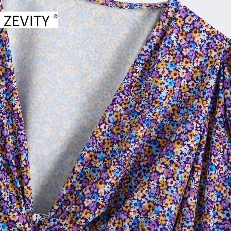 ZEVIT New Women Vintage Pleats Puff Sleeve Floral Print elastic waist mini dress Ladies Deep V Neck padded casual Dresses DS4249 210309