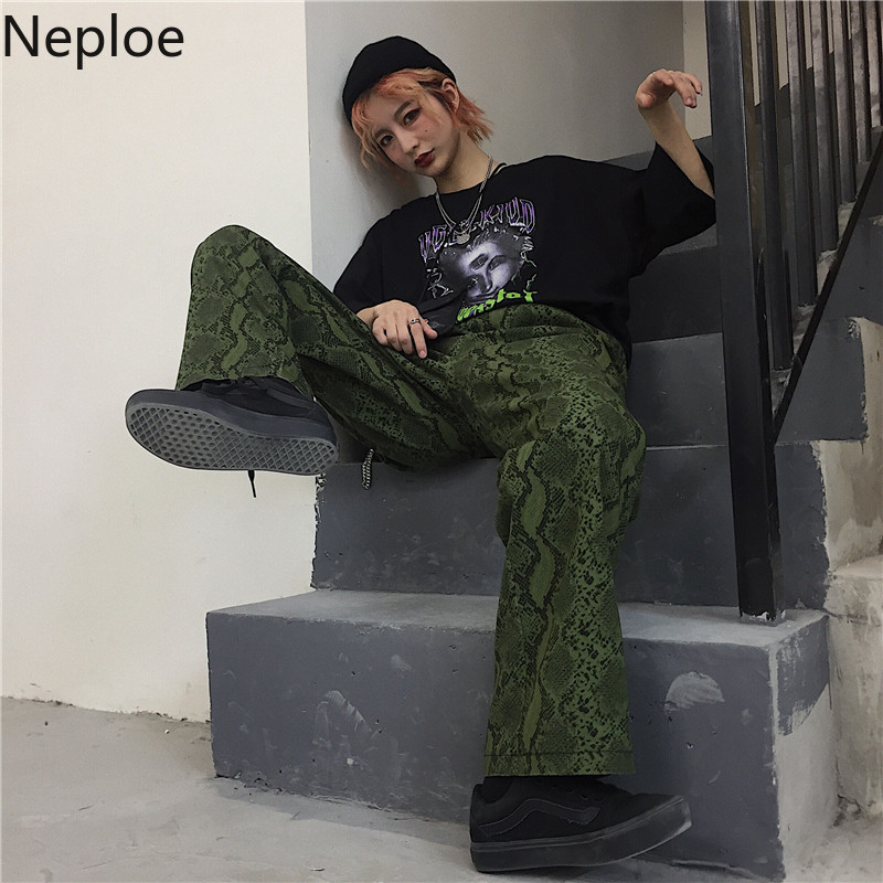 Neploe Autumn Vintage Pants Women Elastic Waist Harajuku Snake Print Trouse Female Man Streetwear BF Style Long Pant 38977 201012