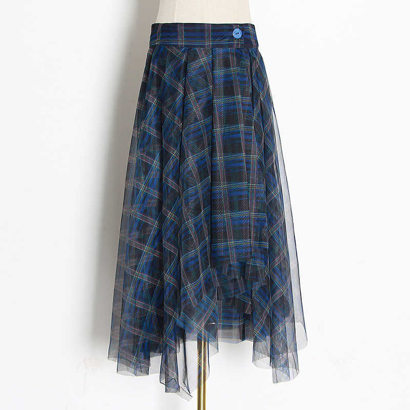TWOTWINSTYLE Plaid Patchwork Mesh Women's Skirts High Waist Hit Color Elegant A Line Female Spring Fashion 210619