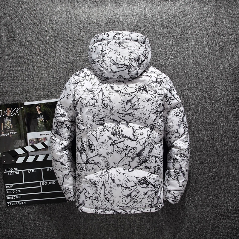 Mens Casual Down Jacket Winter New Boutique White Duck Down Thick Warm Fashion Print Mens Slim Hooded White Black Down Coat 201225