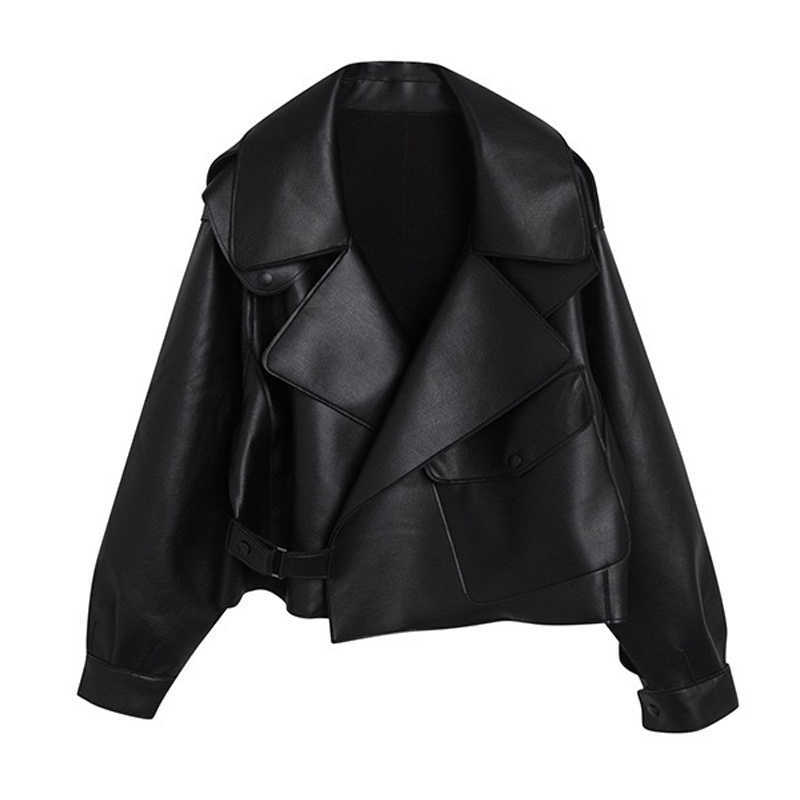 LY VAREY LIN Spring Autumn Women Vintage Faux Soft Leather Short Jacket Loose Turndown Collar Casual Motorcycle Outwear 210526
