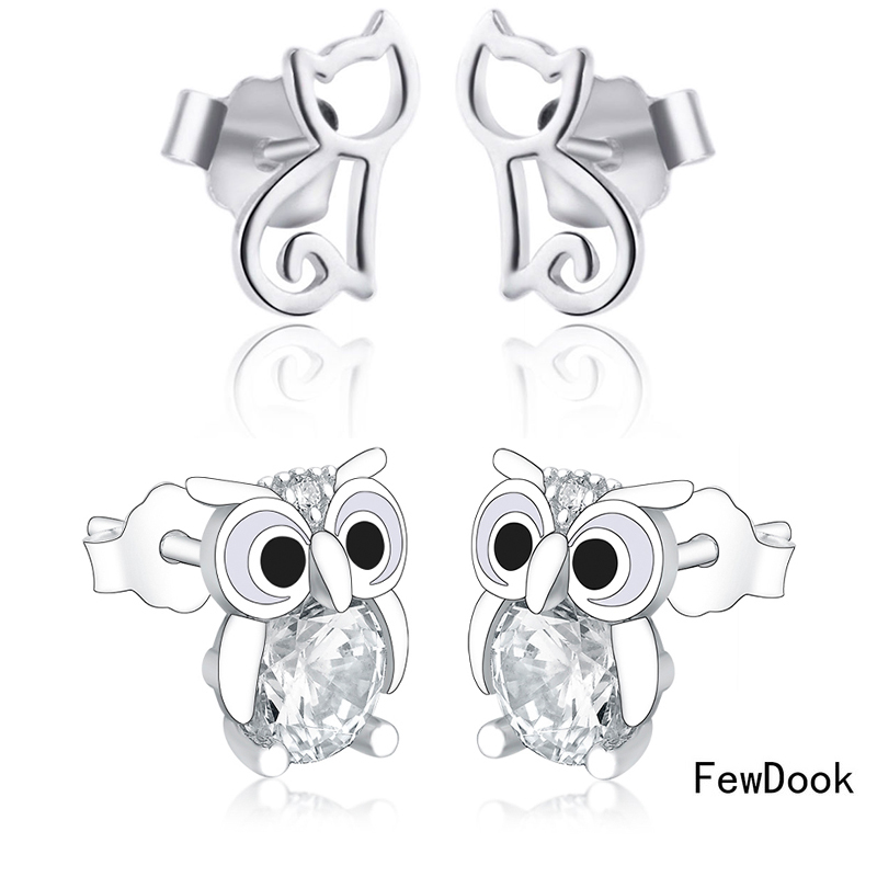 Authentic 925 Sterling Silver Animal Owl Cat Stud Earrings for Women Girls Fine Jewelry Gift Moda Bijoux