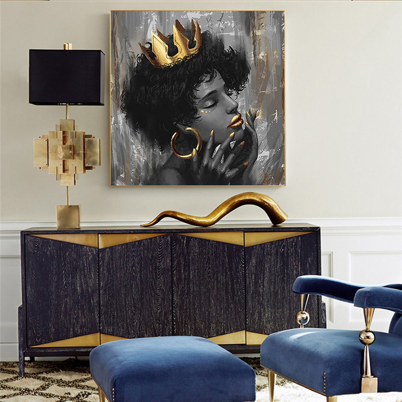 African beautiful black woman with crown art painting canvas picture for home bedroom wall decoration painting