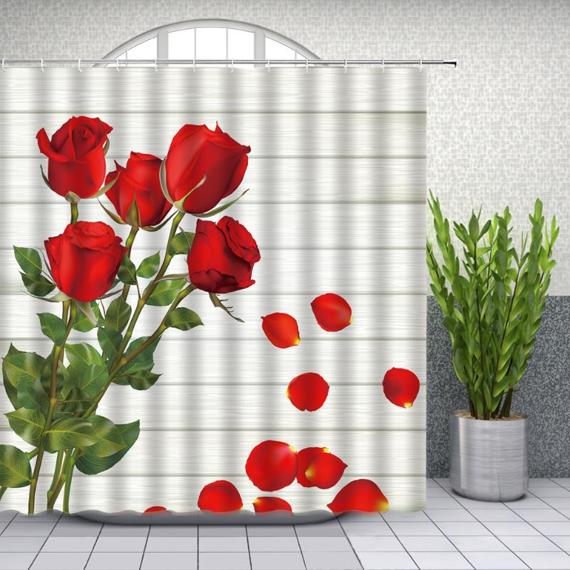 

Shower Curtains Red Rose Flower Set Valentine's Day Couples Petal Bathroom Decor Home Bathtub Curtain And Flannel Mat Carpet
