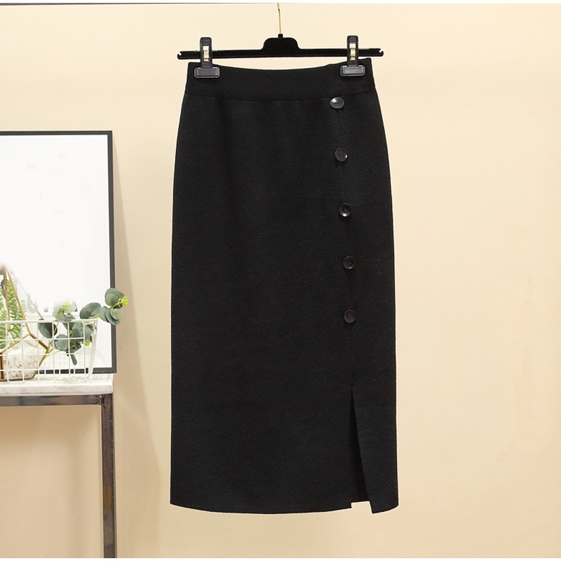 Plus Size Front Split Button Up Dark Green Office Lady Straight Knitted Skirts 4Xl 5Xl Women Mid Long Workwear Knitting Skirt T200301