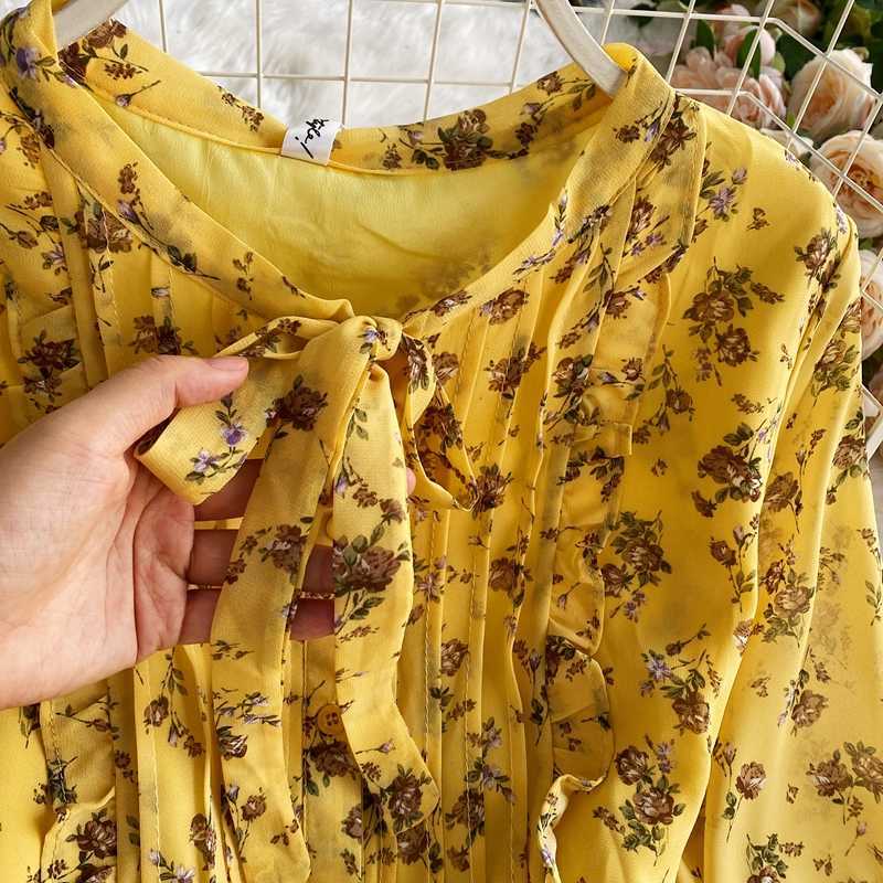 Spring and Autumn Fashion Bow Tie Chiffon Floral Print Dress Women High Waist Thin Long Sleeve Elegant Vestidos Q394 210527
