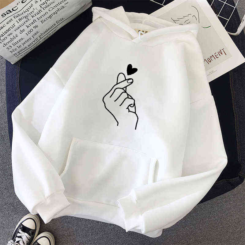 Women Hoodies Casual Kpop Finger Heart Love Pattern Hoody Sweatshirts Fashion Hoodie Long Sleeve Female Pullovers Streetwear 211109