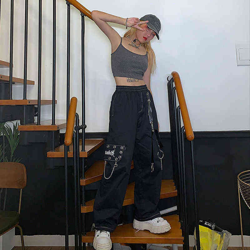 HOUZHOU Harajuku Punk Black Cargo Pants Women Gothic Chain White Wide Leg Trousers Female Hippie Street Style Emo Mall Goth 211115