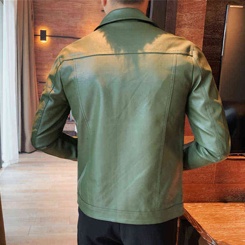 Faux Leather Jacket Men Autumn Motorcycle Korean Slim Green British Trend Casual 211111