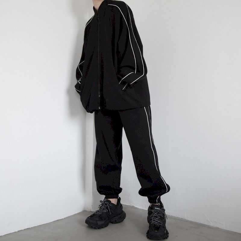 Spring autumn retro BF stand-up collar jacket pant suit men women Korean trend loose high street punk sports casual 210526