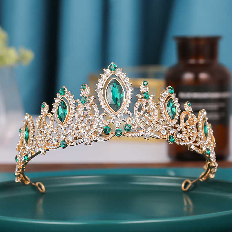 Trendy Green Crystal Rhinestone Baroque Vintage Tiara And Crowns For Queen Princess Bridal Wedding Hair Accessories Gift Jewelry H0827