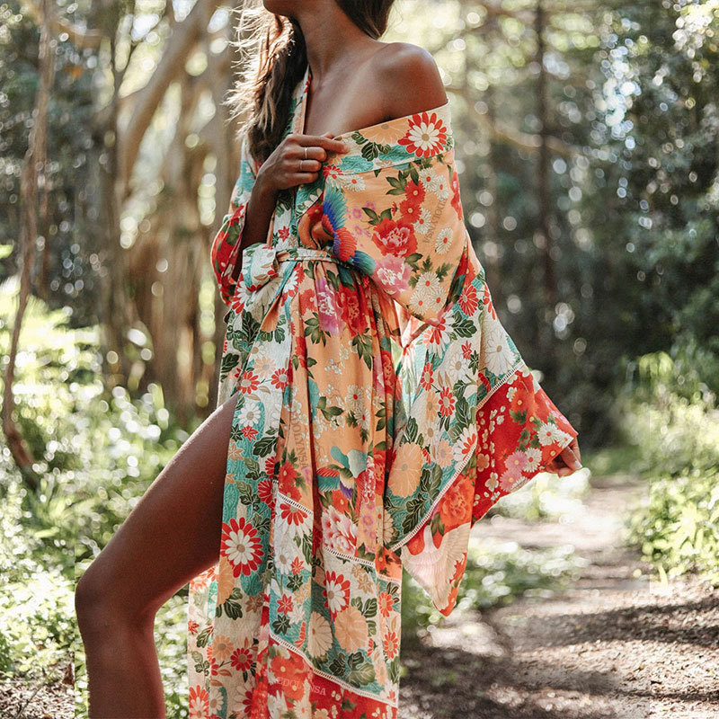2021 Bohemian Printed Summer Beach Wrap Dress Women Beachwear Cotton Tunic Chinese Style Sexy Front Open Kimono Dress Pareo N751 210225