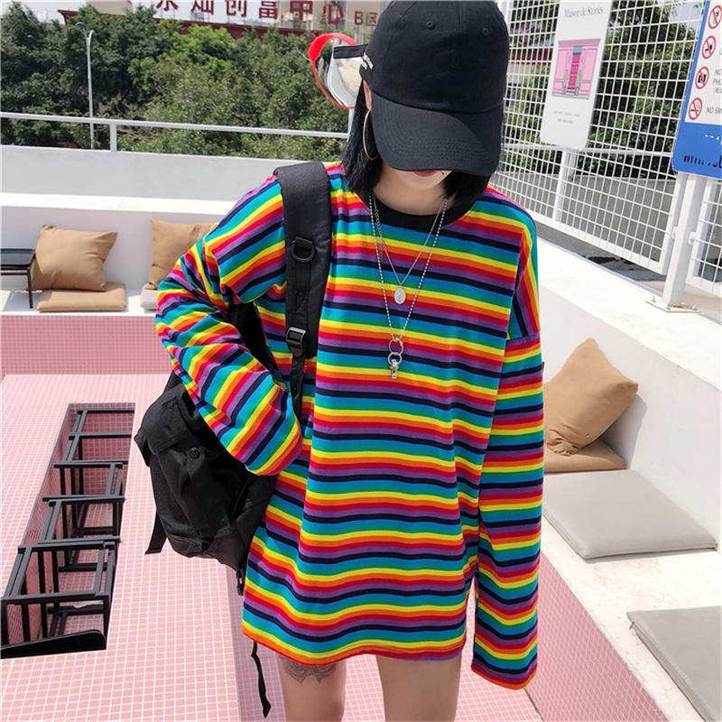 Neploe Rainbow Stripe T Shirt Autumn Harajuku Female Shirt Long Sleeve Plus Size Tshirts Woman Korean Tops Feminine 37059 210302