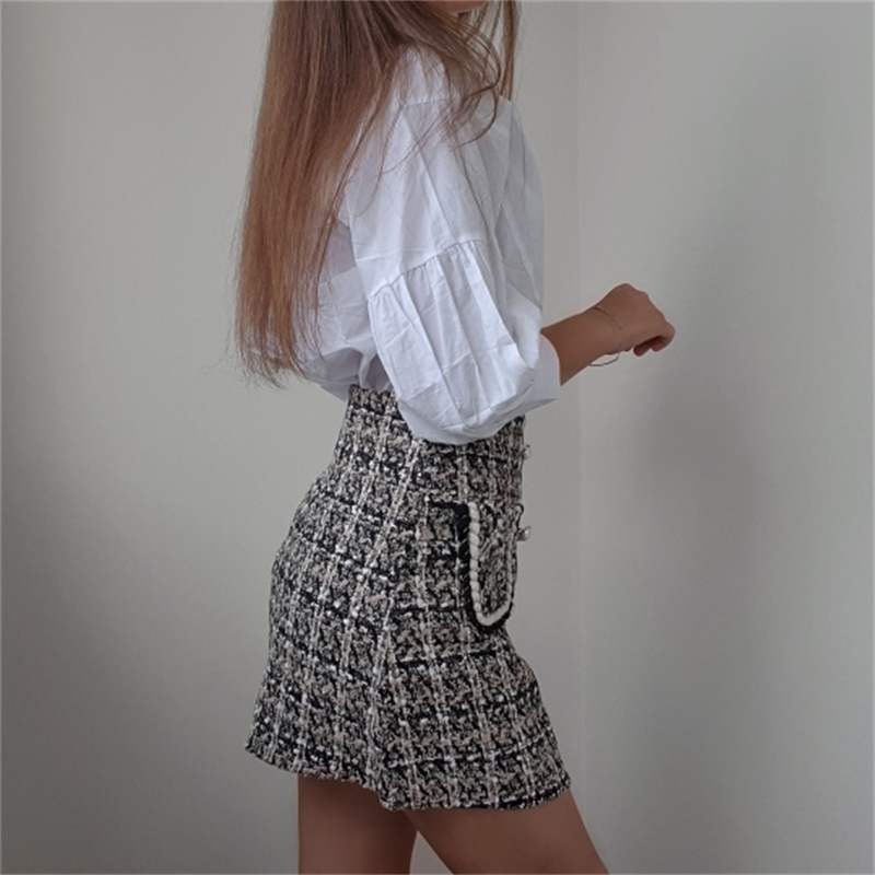 Spring Autumn Women Clothes Tweed Skirts Slim Short Mini Skirt with Two Pockets 210306