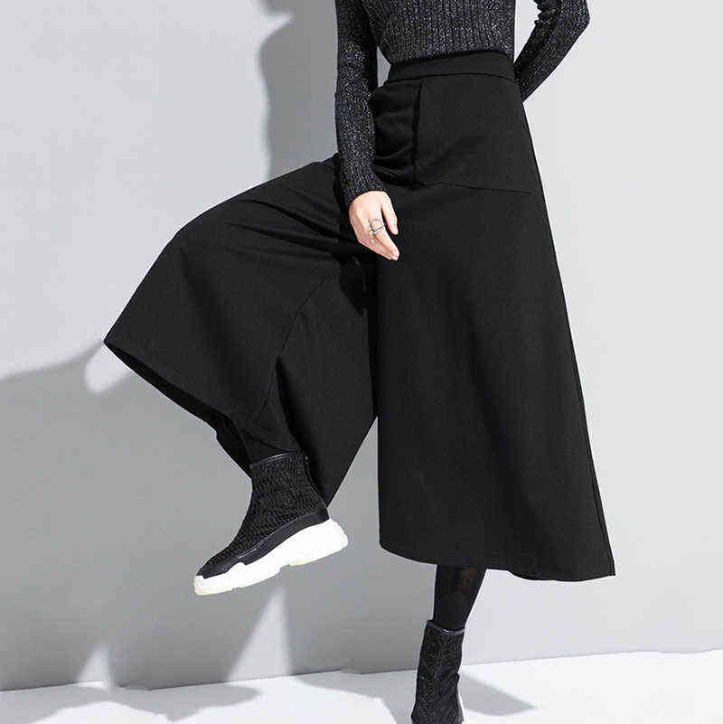 [EAM] High Elastic Waist Black Brief Long Wide Leg Trousers Loose Fit Pants Women Fashion Spring Autumn 1DA610 211115