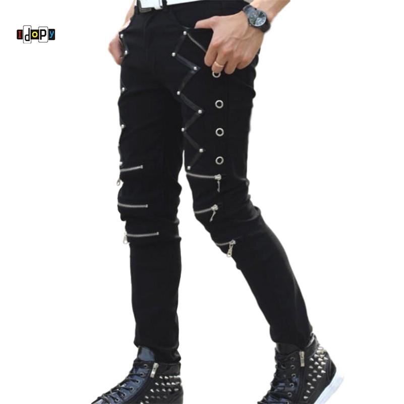 Idopy Arrival Spring Fashion Mens Punk Skinny Pants For Man Cool Cotton Casual Pants Zipper Slim Fit Black Goth Trousers 211120
