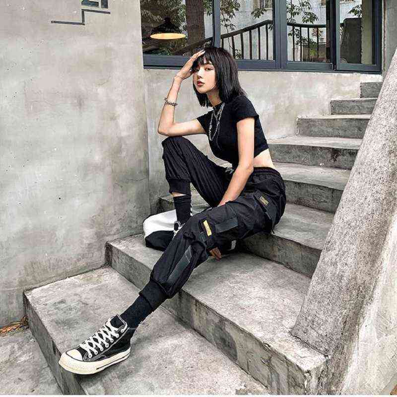QWEEK Punk Japanese Streetwear Cargo Pants Women Harajuku Joggers Sweatpants Baggy Casual Loose Trousers For Female Techwear 211115