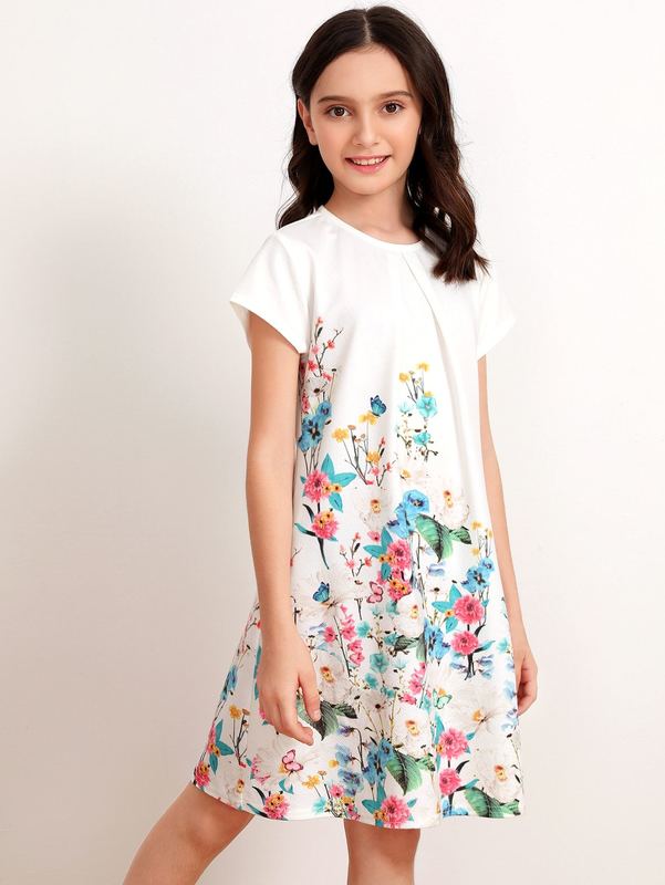 Girls Pleated Detail Floral Print Trapeze Dress SHE