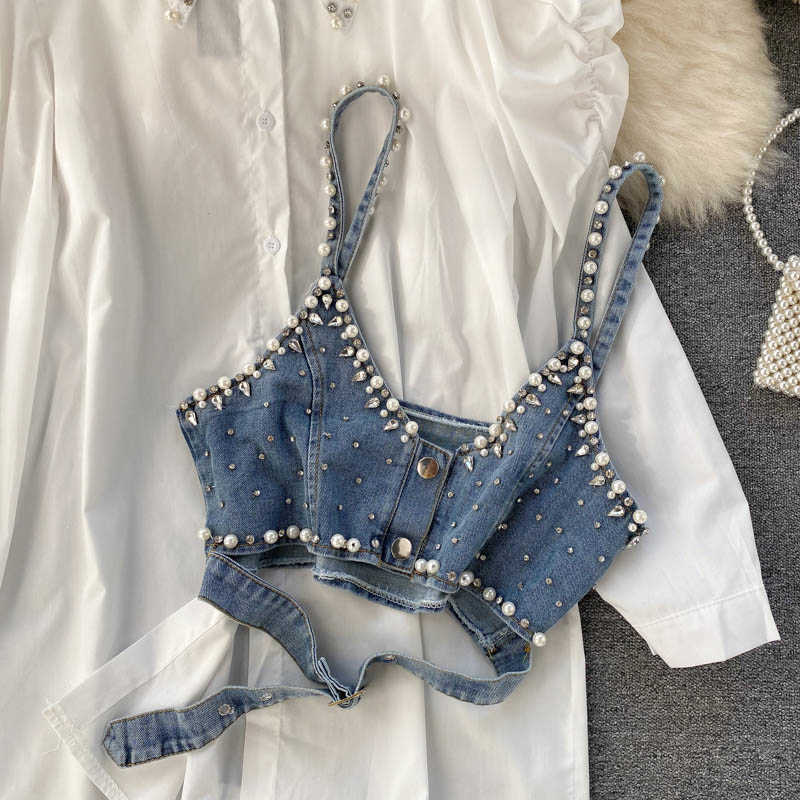 Women Fashion Lapel Beaded Long Sleeve White Shirt + Chic Sleeveless Vest Two-piece Sets R525 210527