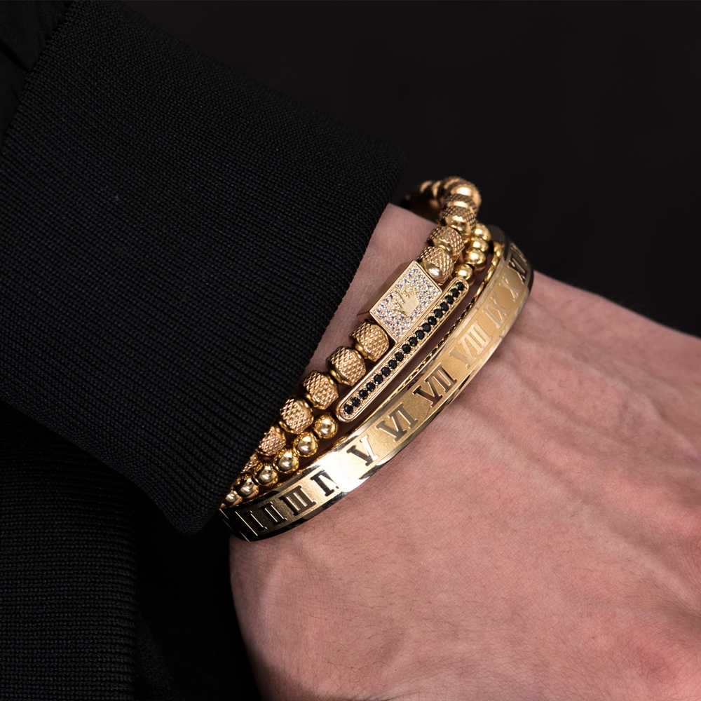 3pcs/Set Gold Royal King Crown Men Bracelets Roman Numeral Bracelet Unique Design Braided Adjustable Bangle Pulseira bracelet men luxury jewelry
